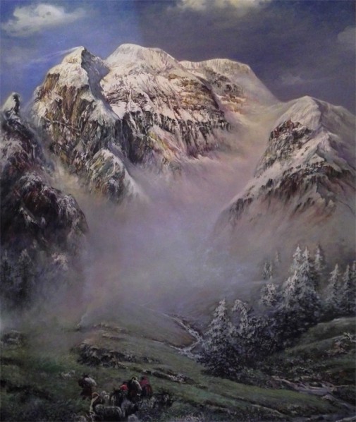 雪山油画